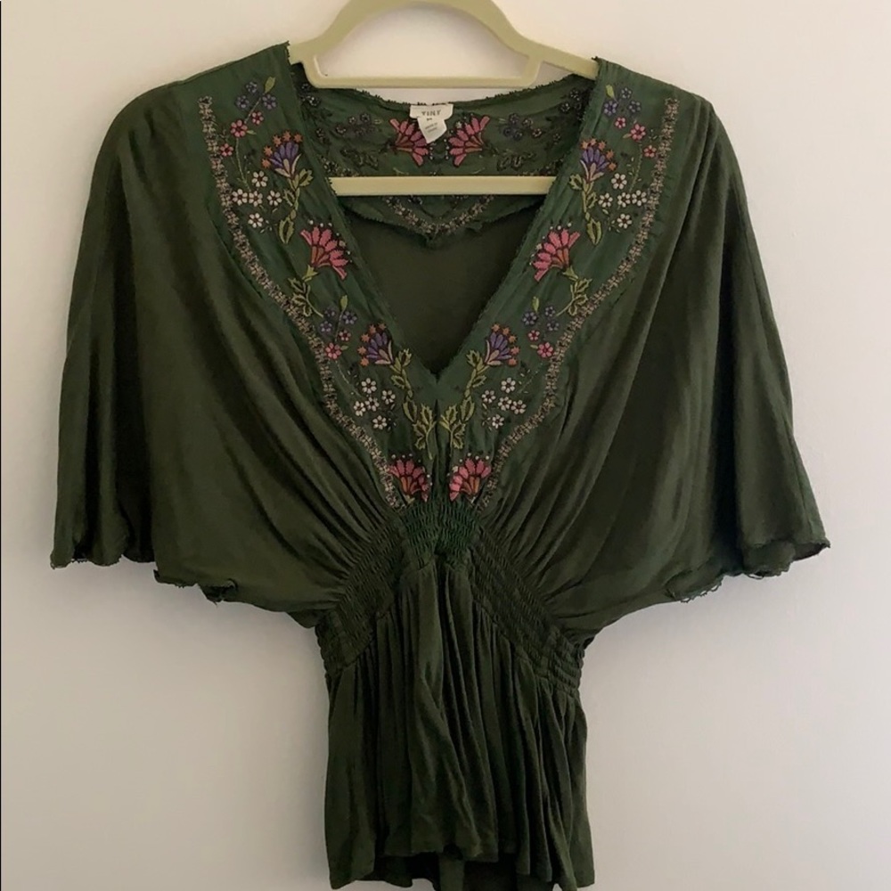 Anthro Tiny V-neck Embroidered Smocked Waist Top